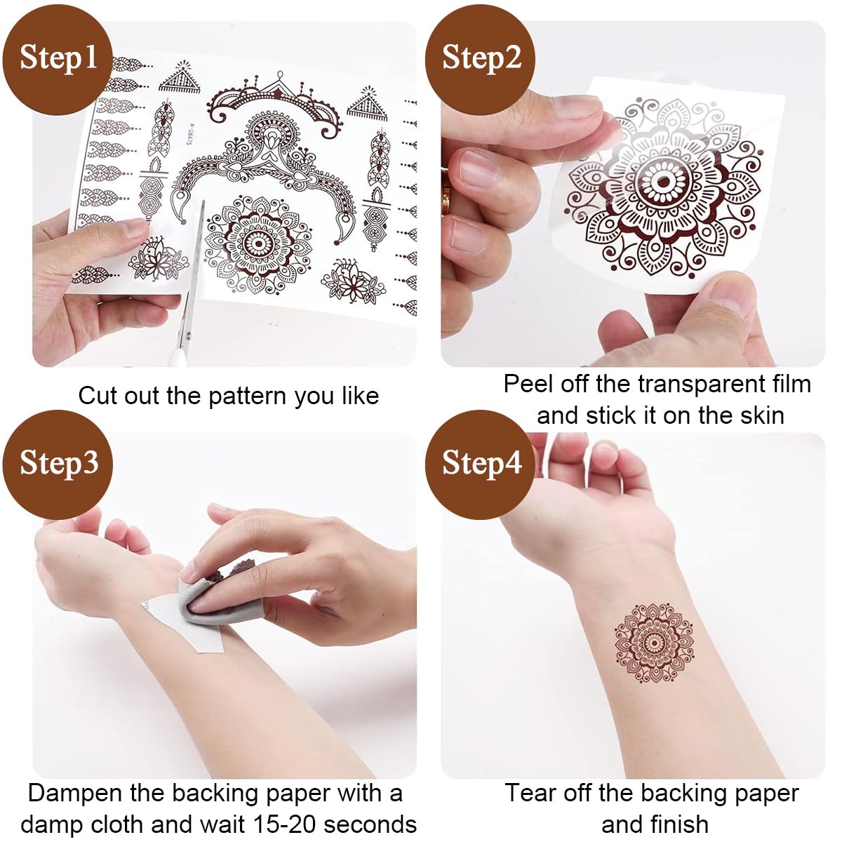 MAYCREATE Tattoo Sticker 9 Sheets for Women and Girls featuring Waterproof Brown Henna Designs