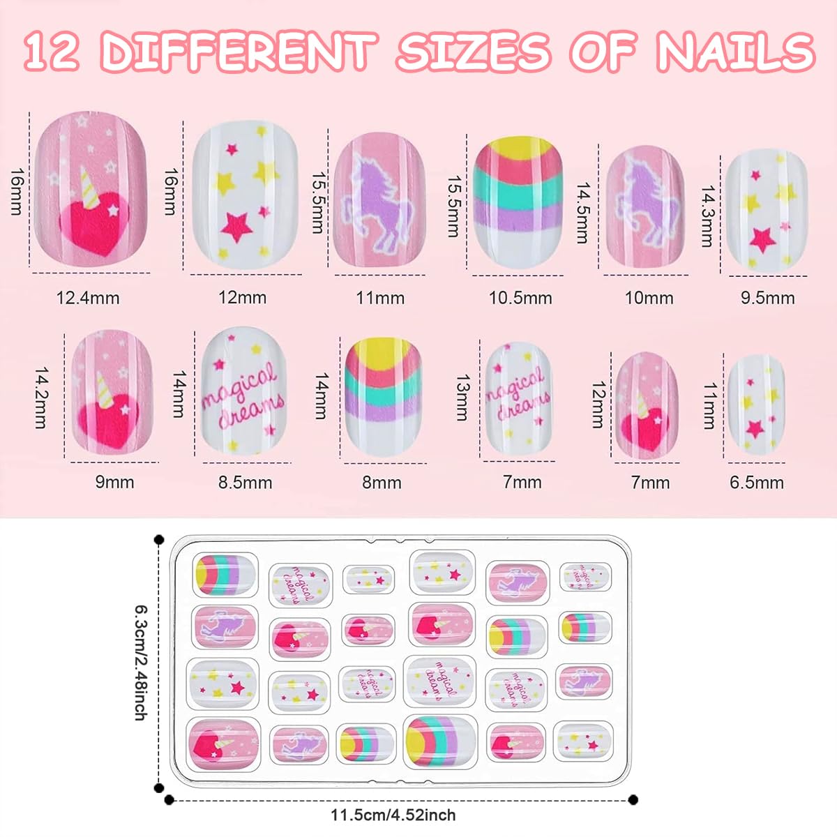 MAYCREATE® 5 Pack Children Acrylic Fake Nails Press on Pre-glue Full Cover Glitter Gradient Color Rainbow Short False Nail Art Kits Set for Kids