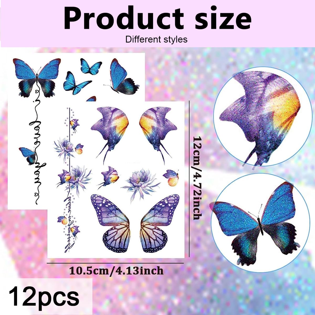 MAYCREATE® Butterfly Tattoo Sticker 12 Sheets Kit, Face Mehendi Temporary Tattoos for Women Girls, Aesthetic Glitter Fake Tattoo Stickers for Face Arm Body, Freckle Tattoo Art for Rave Party