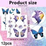 MAYCREATE® Butterfly Tattoo Sticker 12 Sheets Kit, Face Mehendi Temporary Tattoos for Women Girls, Aesthetic Glitter Fake Tattoo Stickers for Face Arm Body, Freckle Tattoo Art for Rave Party