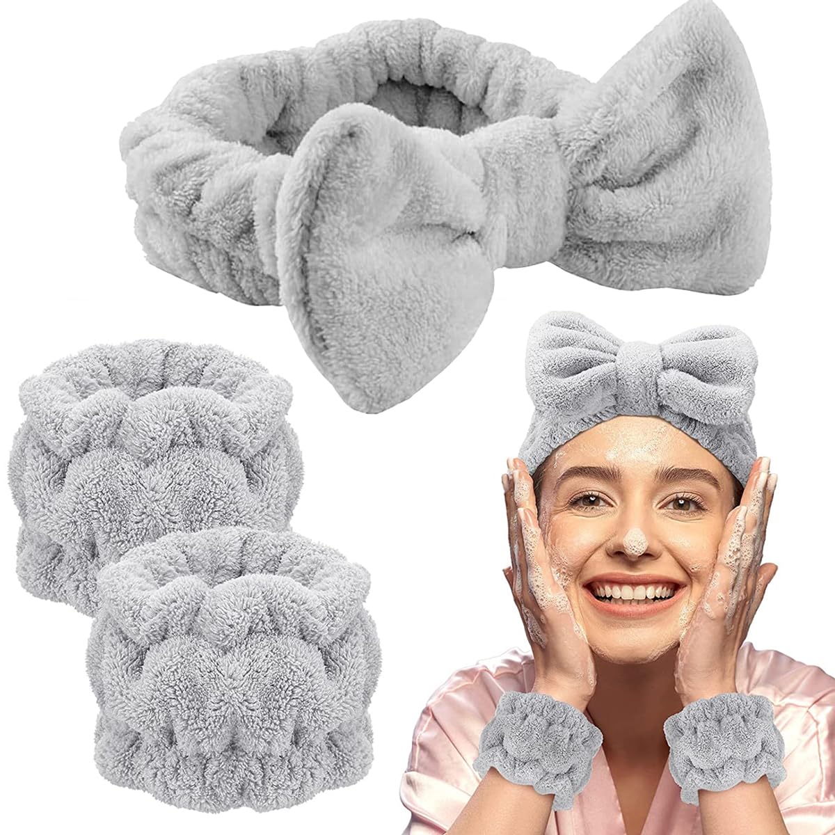 MAYCREATE Spa Headband & Wristband Set for Face Washing with Soft Flannel Bow | Grey