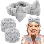 MAYCREATE Spa Headband & Wristband Set for Face Washing with Soft Flannel Bow | Grey