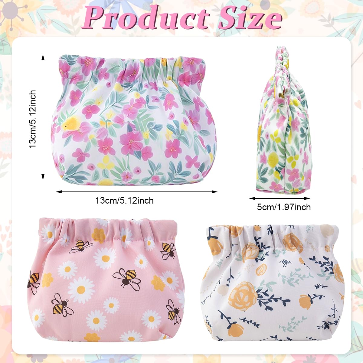 MAYCREATE® 3pcs Makeup Pouch Small Pouch for Girls, Floral Print Makeup Pouches for Women, Cute Oxford Cloth Cosmetic Bag Coin Lipstick Pouch Set