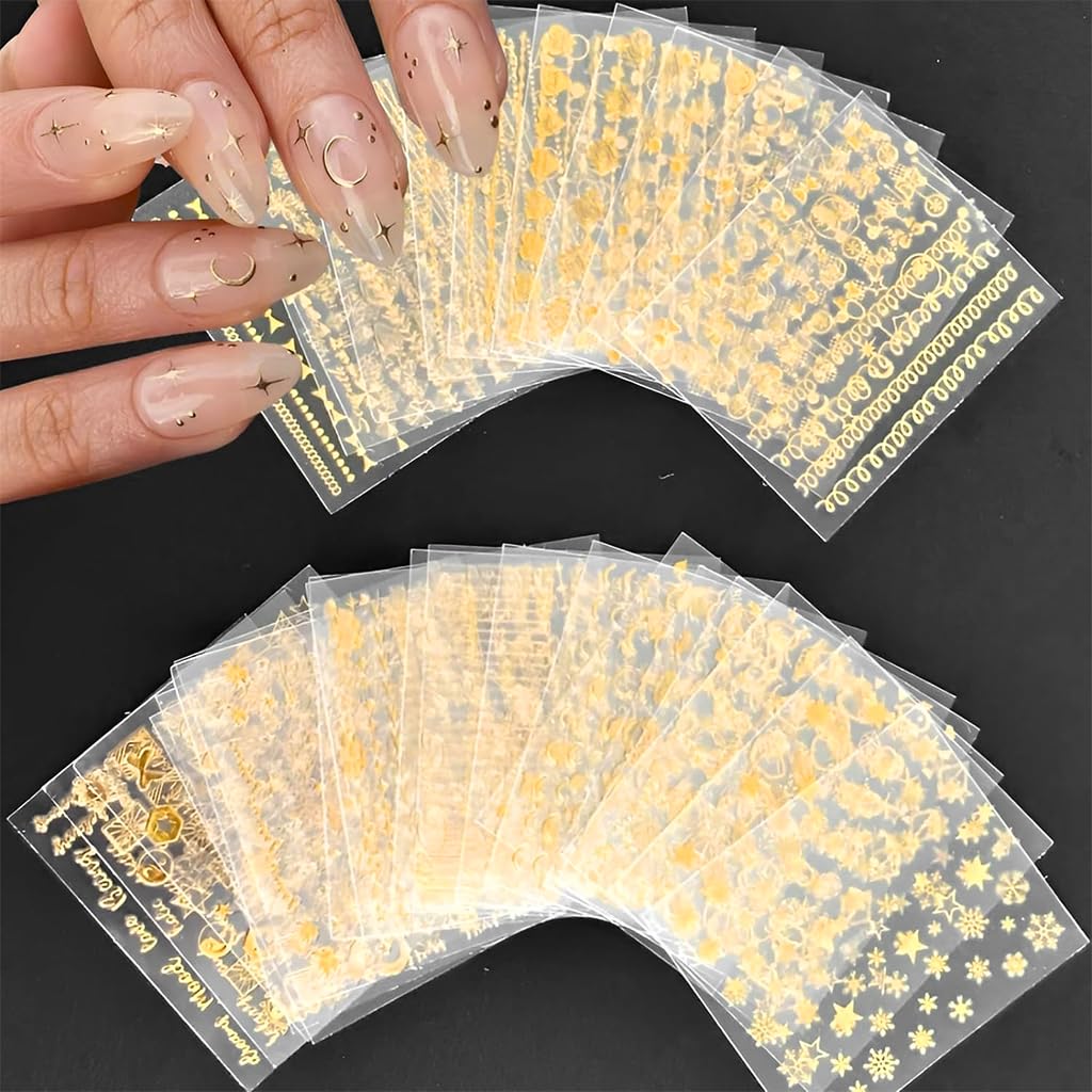 MAYCREATE Nail Stickers for French Manicure with 30 Sheet 3D Self Adhesive Gold Line Designs | Acrylic Nail Art Decals for Women