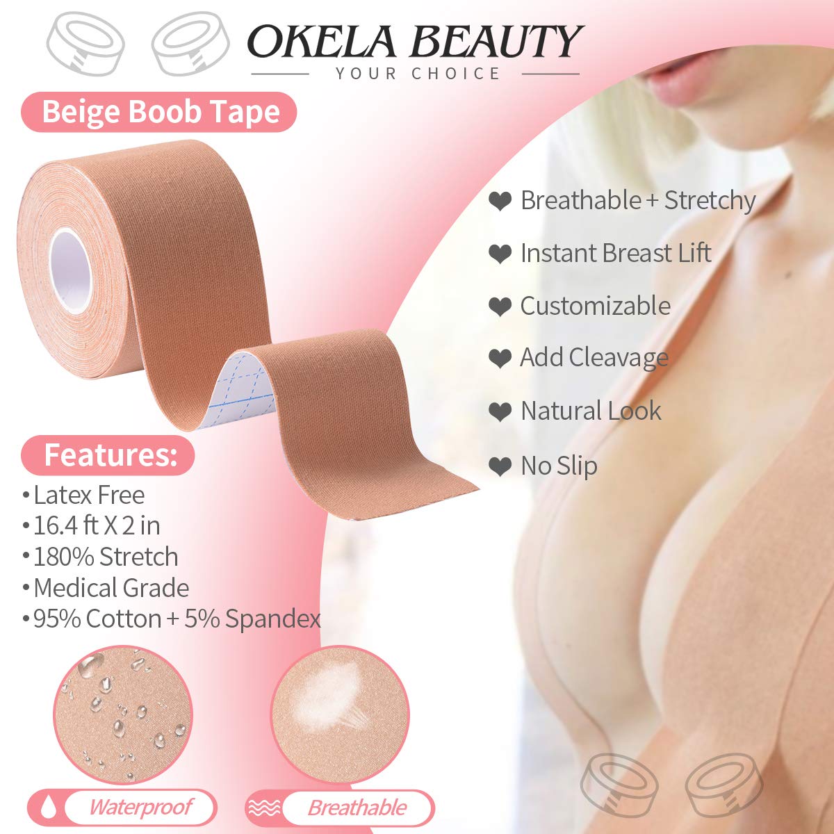 MAYCREATE Boob Tape for Push Up and Lift with 5cm×5m Free Cut Roll featuring 4PCS Silicone Nipple Covers | Invisible Waterproof Support for Women
