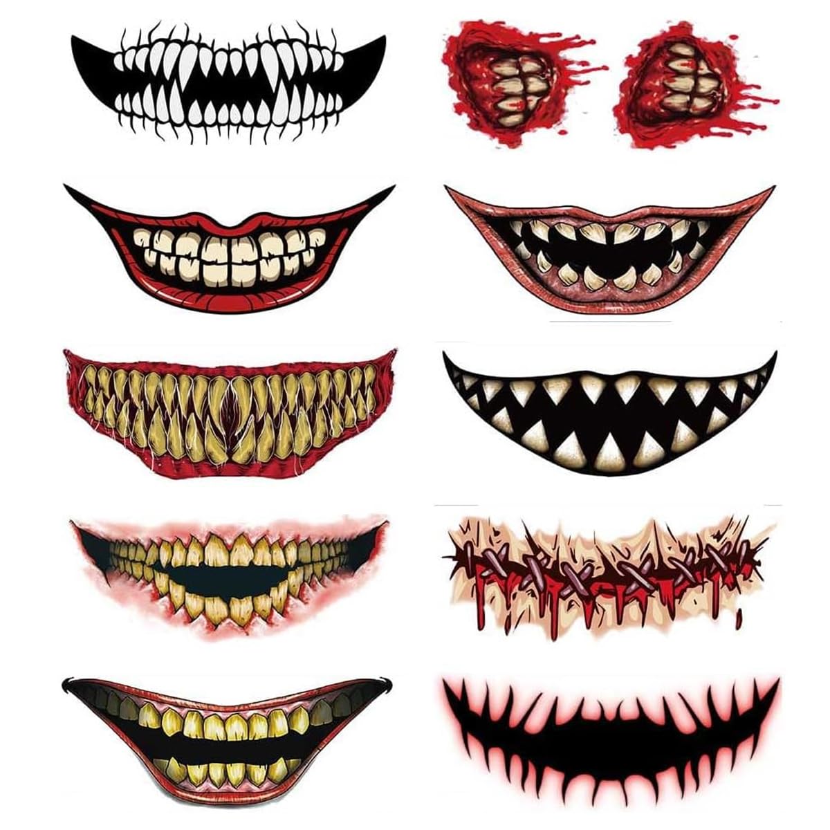 MAYCREATE® 10 Sheet Halloween Temporary Tattoo for Women Men 3D Realistic Face Tattoo Sticker Waterproof Vampire Cosplay Makeup Horror Smile Mouth Tattoo Sticker