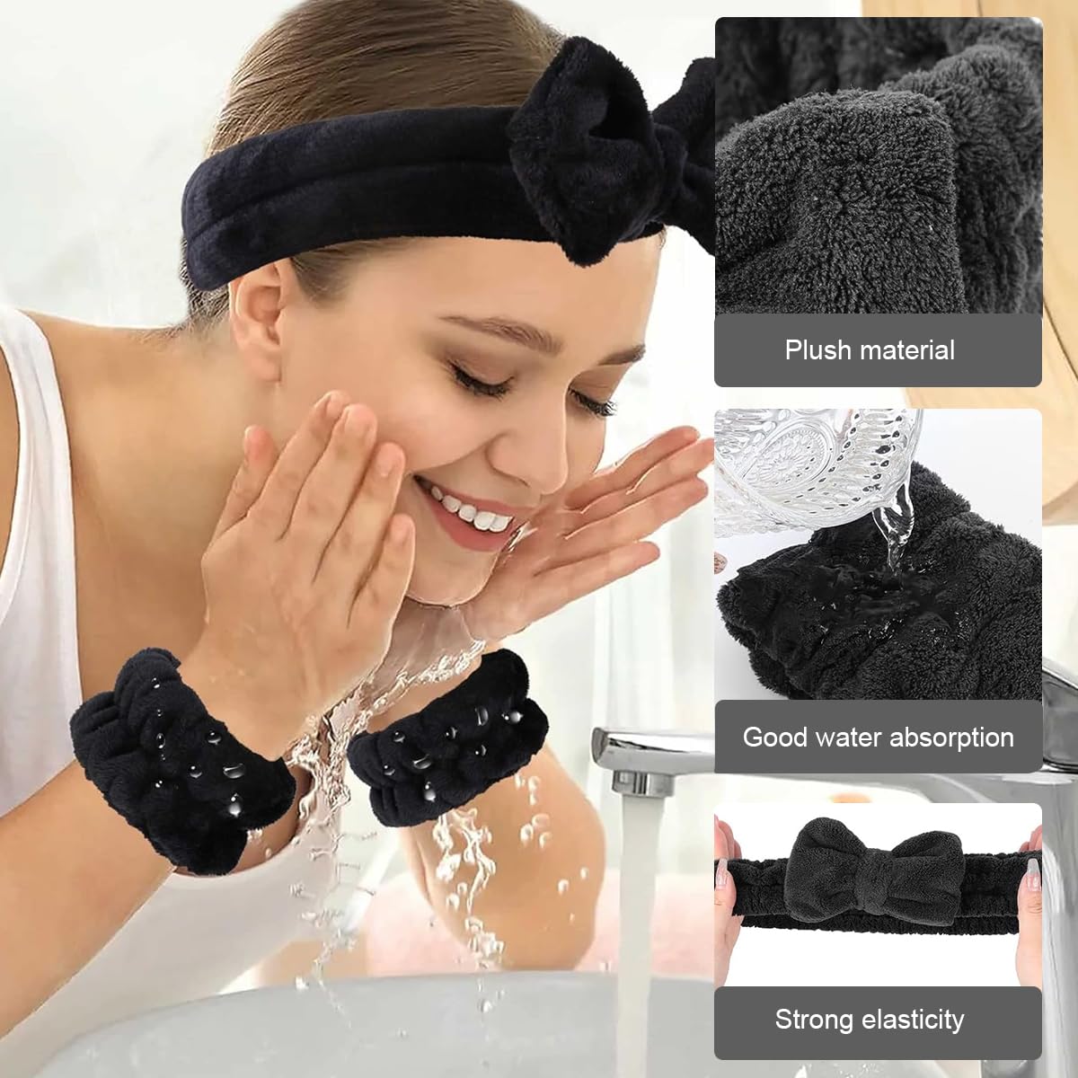 MAYCREATE® 3 Pcs Facial Spa Headband Wristband Combo Set, Elastic Microfiber Face Wash Hairband Wrist Wash Bands for Face Washing, Makeup, Yoga, Fitness (B - Black)