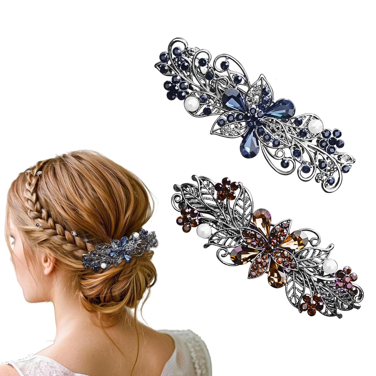 MAYCREATE Hair Accessories for Women featuring 2Pcs 3.5 in Rhinestone Snap Barrettes | Floral Alloy Clips