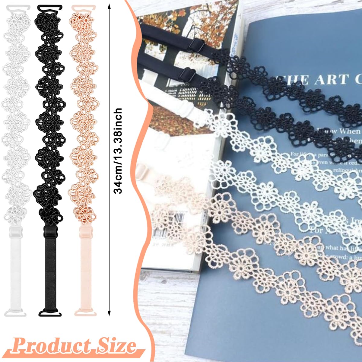 MAYCREATE Bra Straps Replacement for Dresses and Vests featuring Adjustable Lace Flower Design | 3 Pairs in White Beige and Black
