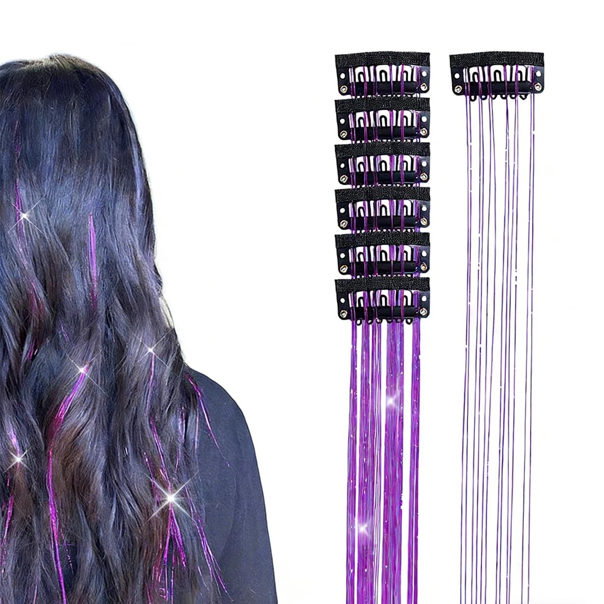 MAYCREATE® 6pcs Hair Tinsel Extensions Glittering Clip-on Purple Glittering Tinsel Hair Extensions for Styling Girls Fairy Kit for Party, Festival