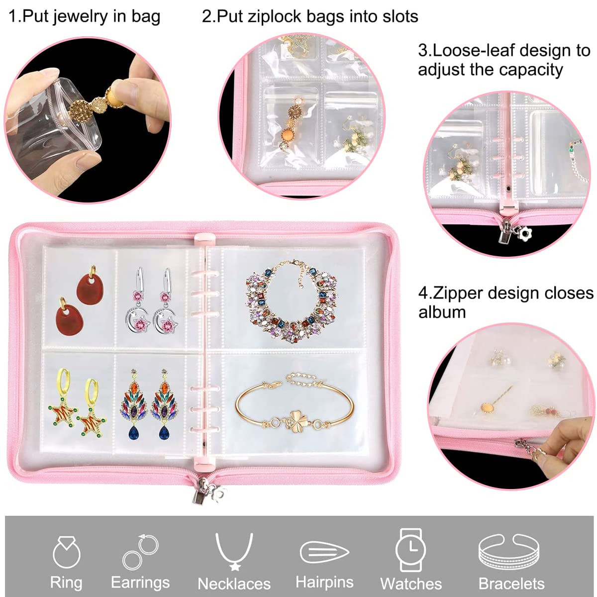 MAYCREATE Jewelry Storage Book with 60 Pockets and Transparent PVC Ziplock Bags | Pink 3 PCS