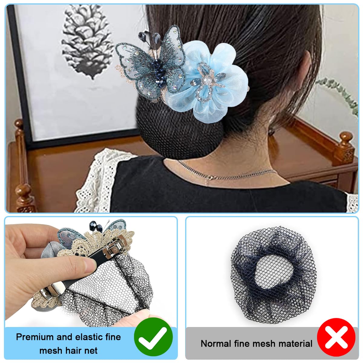 MAYCREATE Hair Clip Butterfly Decal Bun Net for Work and Daily Use | Blue 3PCS Set