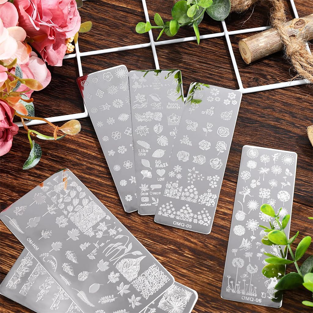 MAYCREATE® 5Pcs Etched Stamping Plates for Nail Art Etched Flower Pattern Stamping Plates for Nail Art Nail Extentions Stainless Steel Stamping Plates Assorted Etched Stamping Plates for DIY Nail Art