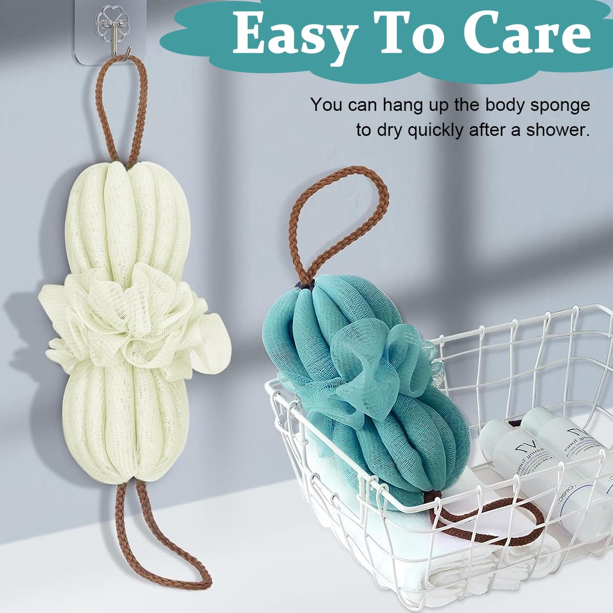 MAYCREATE Bath Shower Loofah Sponge 2 Pack with Dual Rope Handles 24–100 cm | Navy and Green Exfoliating Back Scrubber for Women and Men