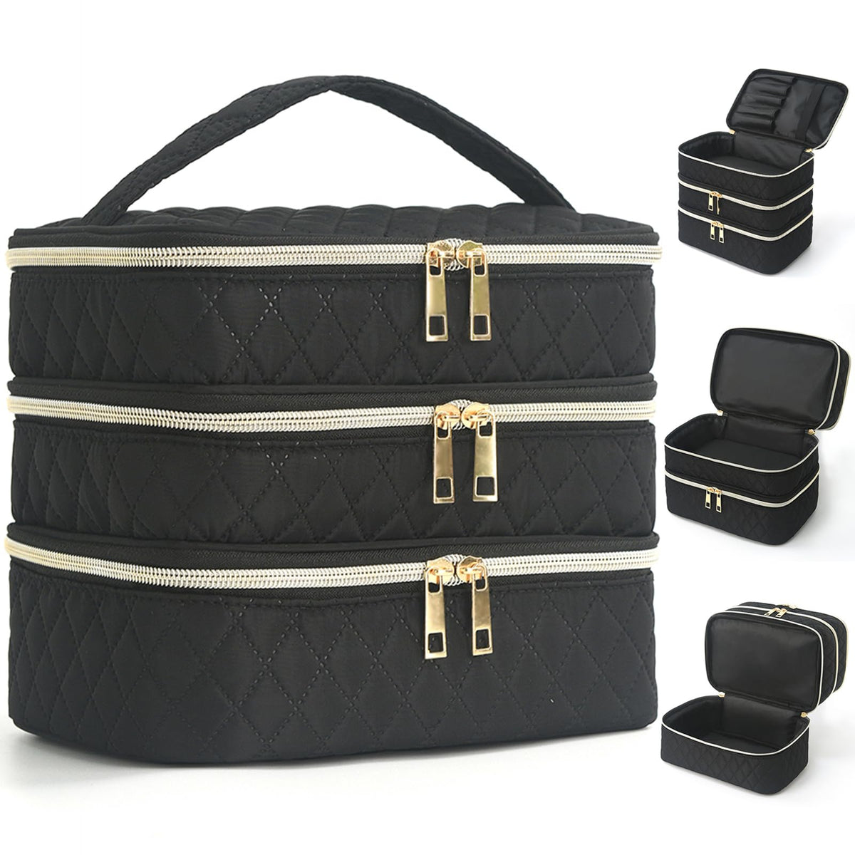 MAYCREATE Makeup Bag for Travel and Daily Use with 3 Compartments and Soft Quilted Nylon | Toiletry Organizer