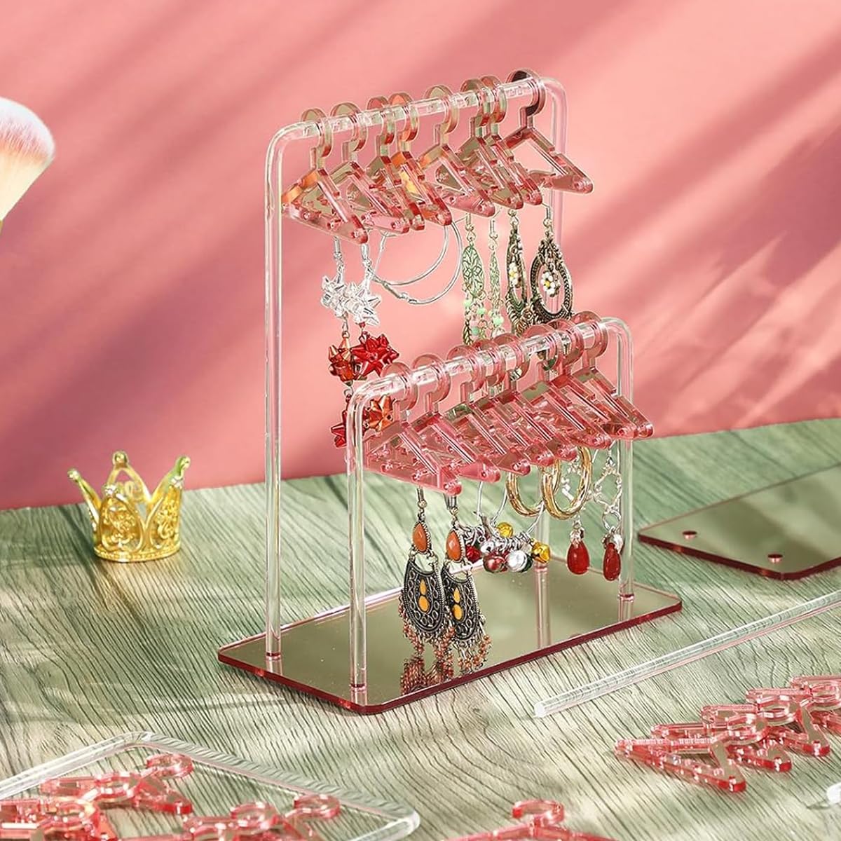 MAYCREATE Earrings Organizer for Women with 16 Mini Hangers and Dual Cross Bar Design | Pink Acrylic Holder for 32 Pairs