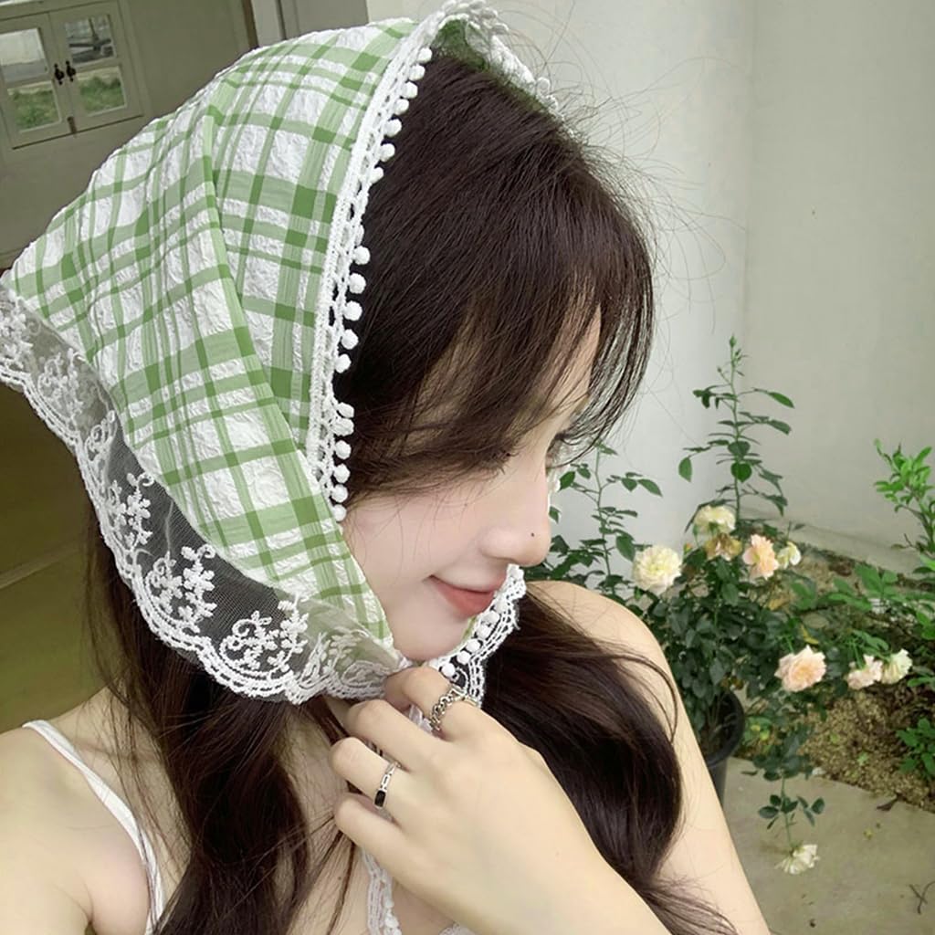 MAYCREATE Head Scarf for Women featuring Lace Checked Design and Countryside Style | 2Pcs Set
