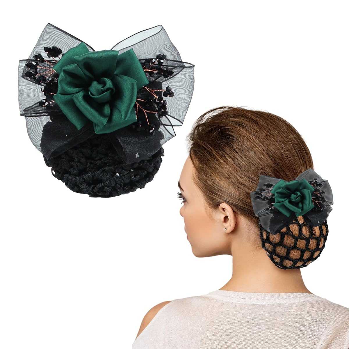 MAYCREATE Hair Bun Net for Women with Alloy Spring Clip and Green Floral Lace | Ideal for Work or Dance