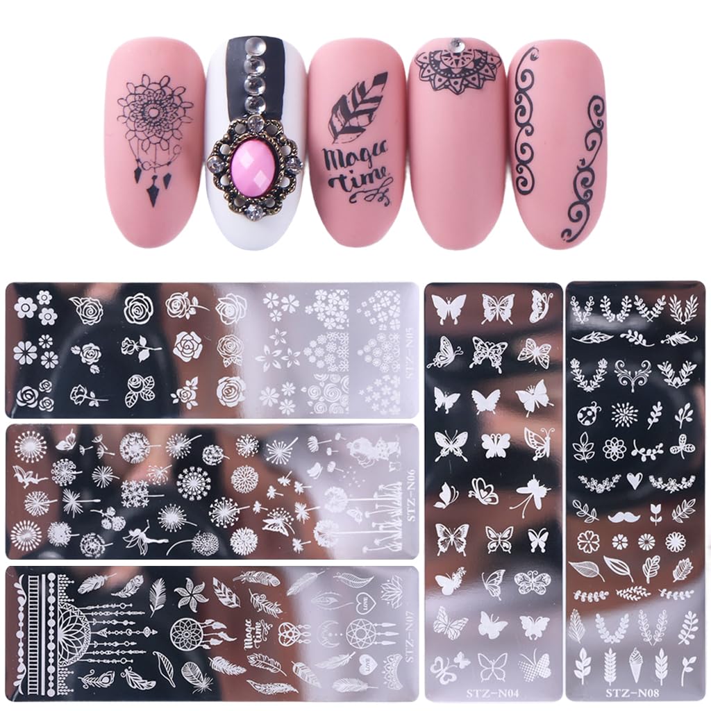 MAYCREATE® 5Pcs Etched Stamping Plates for Nail Art Etched Flower Pattern Stamping Plates for Nail Art Nail Extentions Stainless Steel Stamping Plates Assorted Etched Stamping Plates for DIY Nail Art