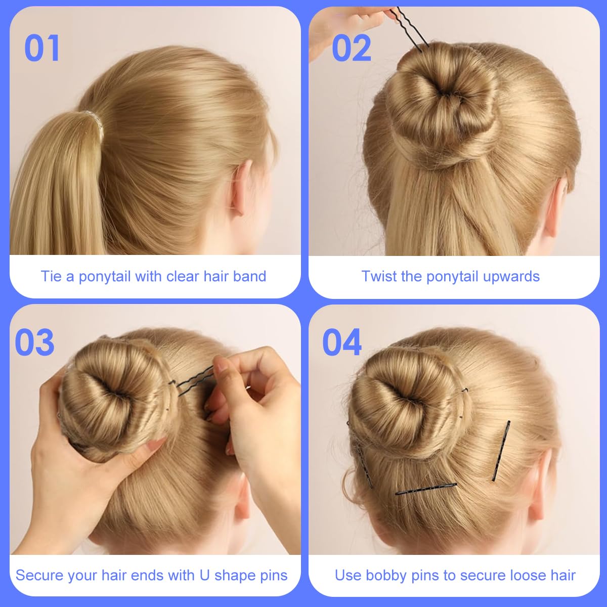 MAYCREATE Bobby Pins Set for Updos with U Pins and 100 Mini Rubber Ties | 600 pcs Black Accessories