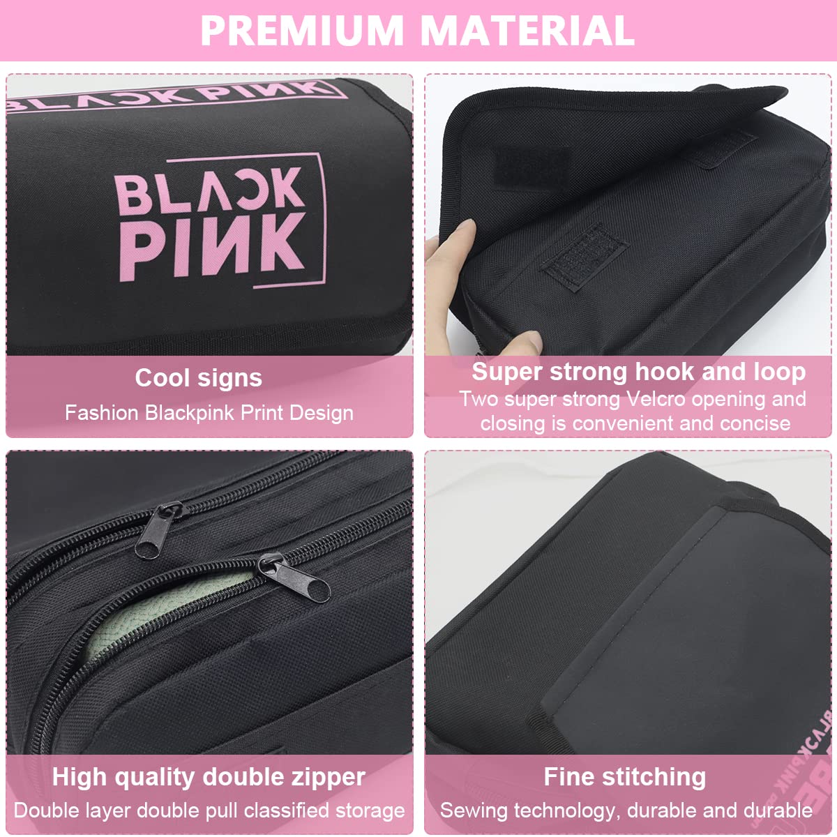 MAYCREATE Blackpink Cosmetic Bag Organizer for School Girls with Double Zippers 15×15×20 cm | Waterproof Polyester Makeup and Pencil Case