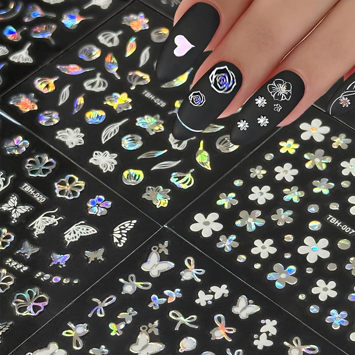 MAYCREATE Nail Art Stickers featuring 30 Sheets Self-Adhesive Holographic Designs for DIY Nails | Aurora Moon and Star Decals for Women and Girls