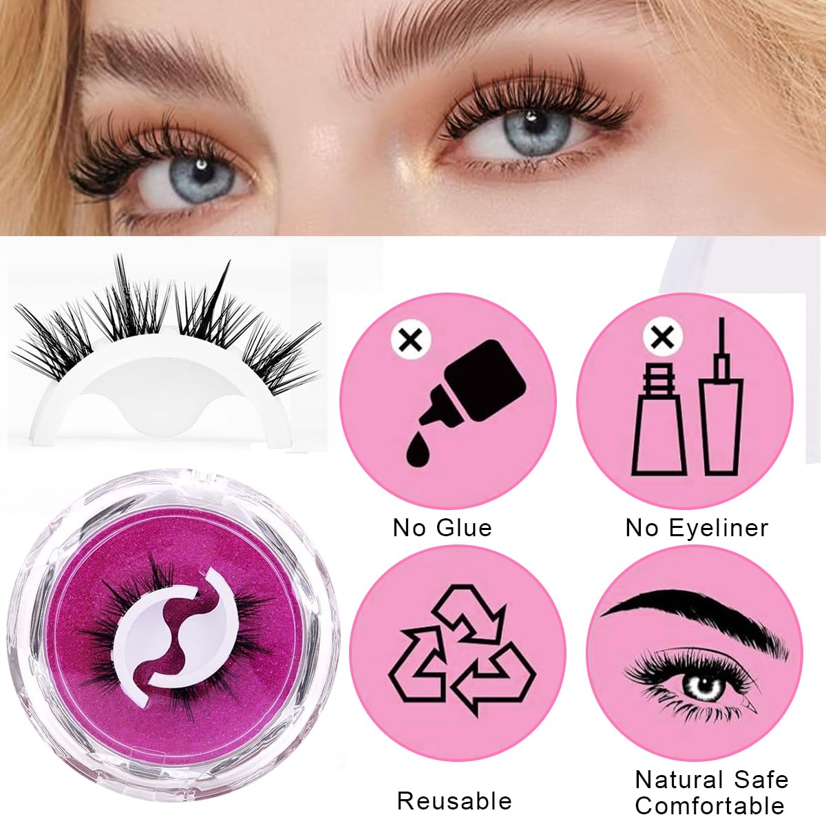 MAYCREATE® 1 Pair Self Adhesive Eyelashes, Reusable Adhesive Eyelashes, 3D Mink False Lashes Stable and Easy to Put On, Natural Look and Waterproof Fake Eyelashes for Women, No Glue, Style B