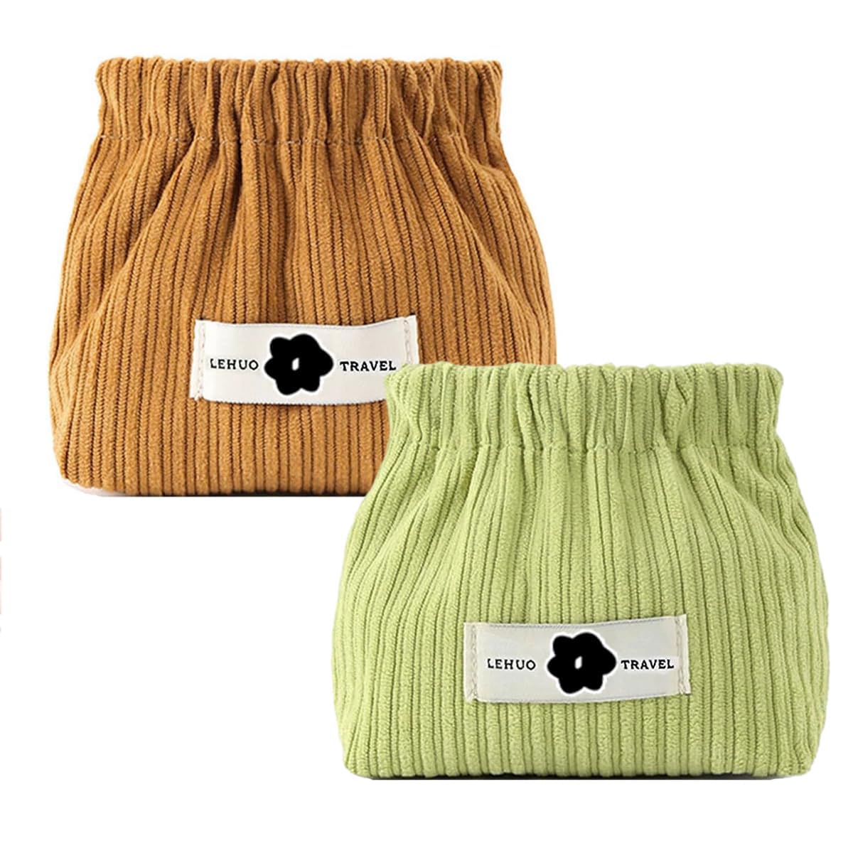 MAYCREATE 2 Pcs Small Pouches for Women Girls, Travel Mini Makeup Pouch, Corduroy Coin Pouch, Squeeze-Open Lipstick Jewelry Storage Bag Hair Accessories Organizer - Coffee & Green