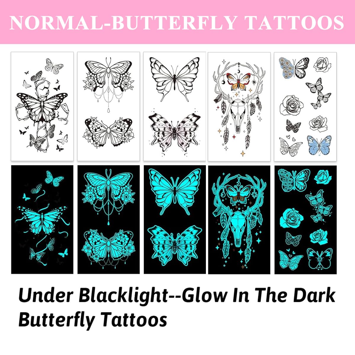MAYCREATE Temporary Tattoos for Parties with Glow in the Dark Design | 20 Sheets Waterproof Stickers
