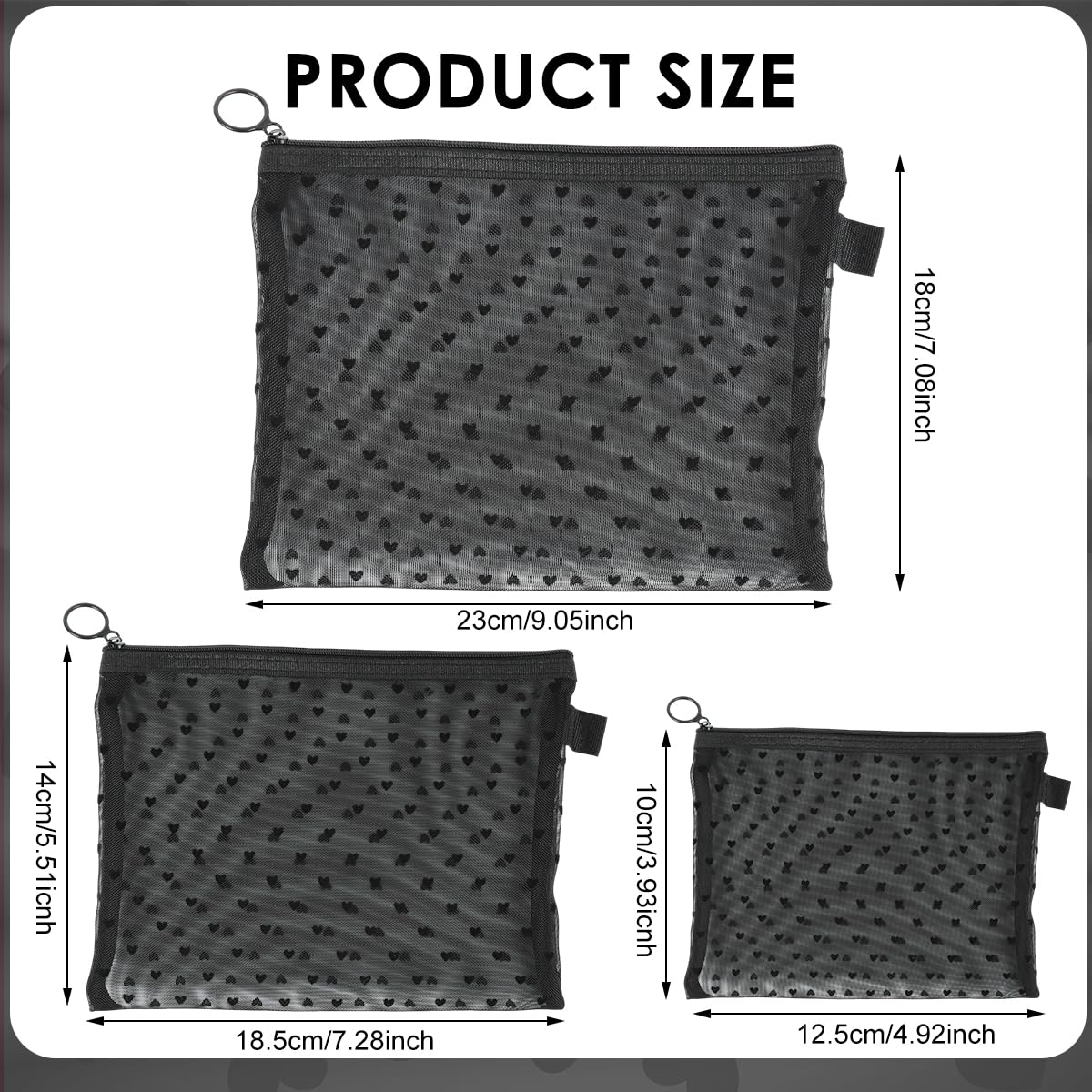 MAYCREATE Cosmetic Bags 3pcs Mesh Makeup Pouches with Zipper for Travel | Heart Print Design