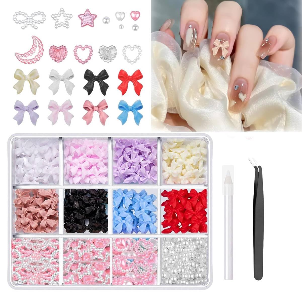 MAYCREATE 3D Nail Charms Set for Nail Art and DIY Crafts featuring 600 pcs Pearls & Shapes