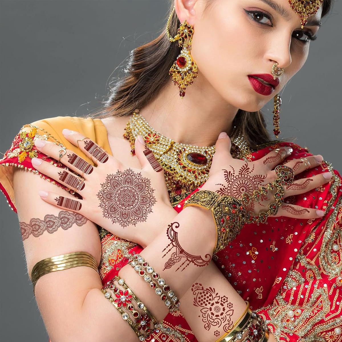 MAYCREATE Tattoo Sticker for Women and Girls with 18 Sheets Waterproof Brown Henna Designs | Mandala and Lotus Body Art