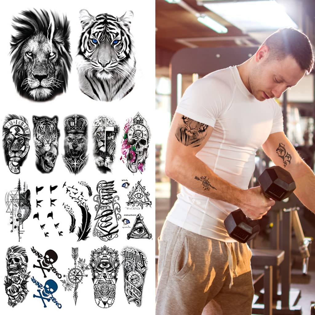 MAYCREATE Temporary Tattoo Stickers for Party and Body Art with 35 Sheets Waterproof Designs | Lion Tiger Wolf Patterns for Men