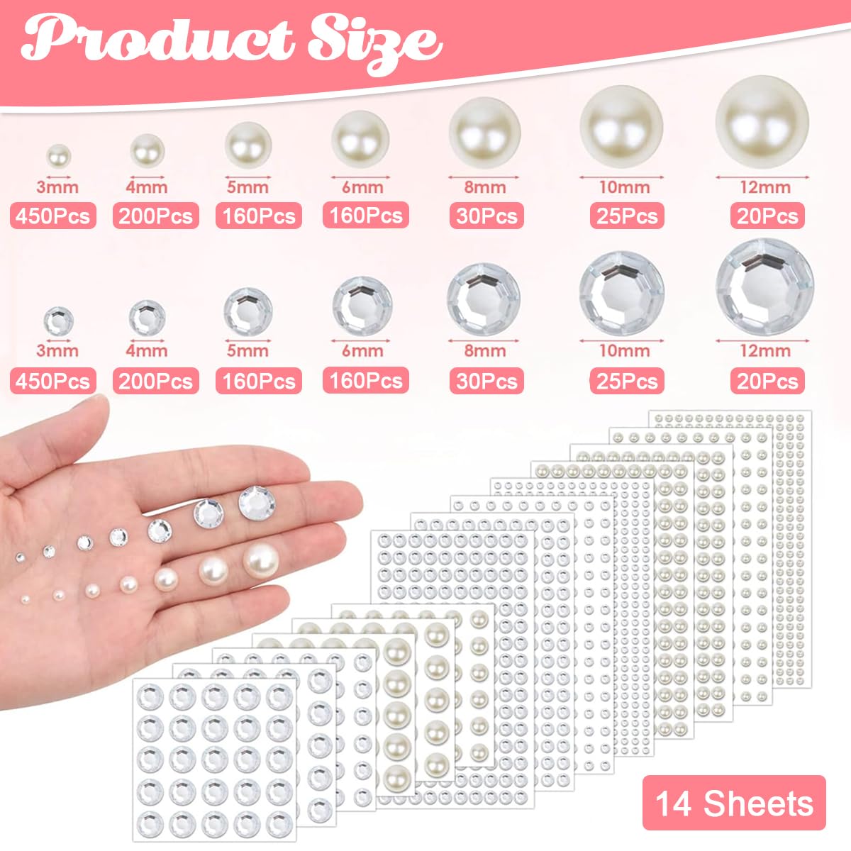 MAYCREATE 2000pcs Pearl Stickers Rhinestones Face Gems Self-adhesive Hair Gems Jewels Faux Pearls Assorted Sizes Stone Sticker for Face Makeup, DIY Crafting, Home Decor, Embellishments