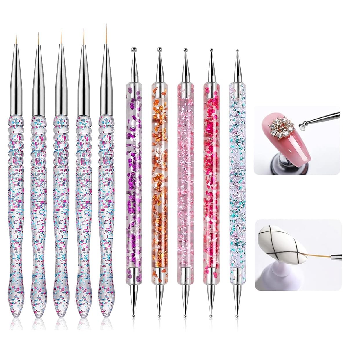 MAYCREATE Nail Art Tools Kit for Nail Design with Dual Head Dotting Tools & Liner Pens Set of 10