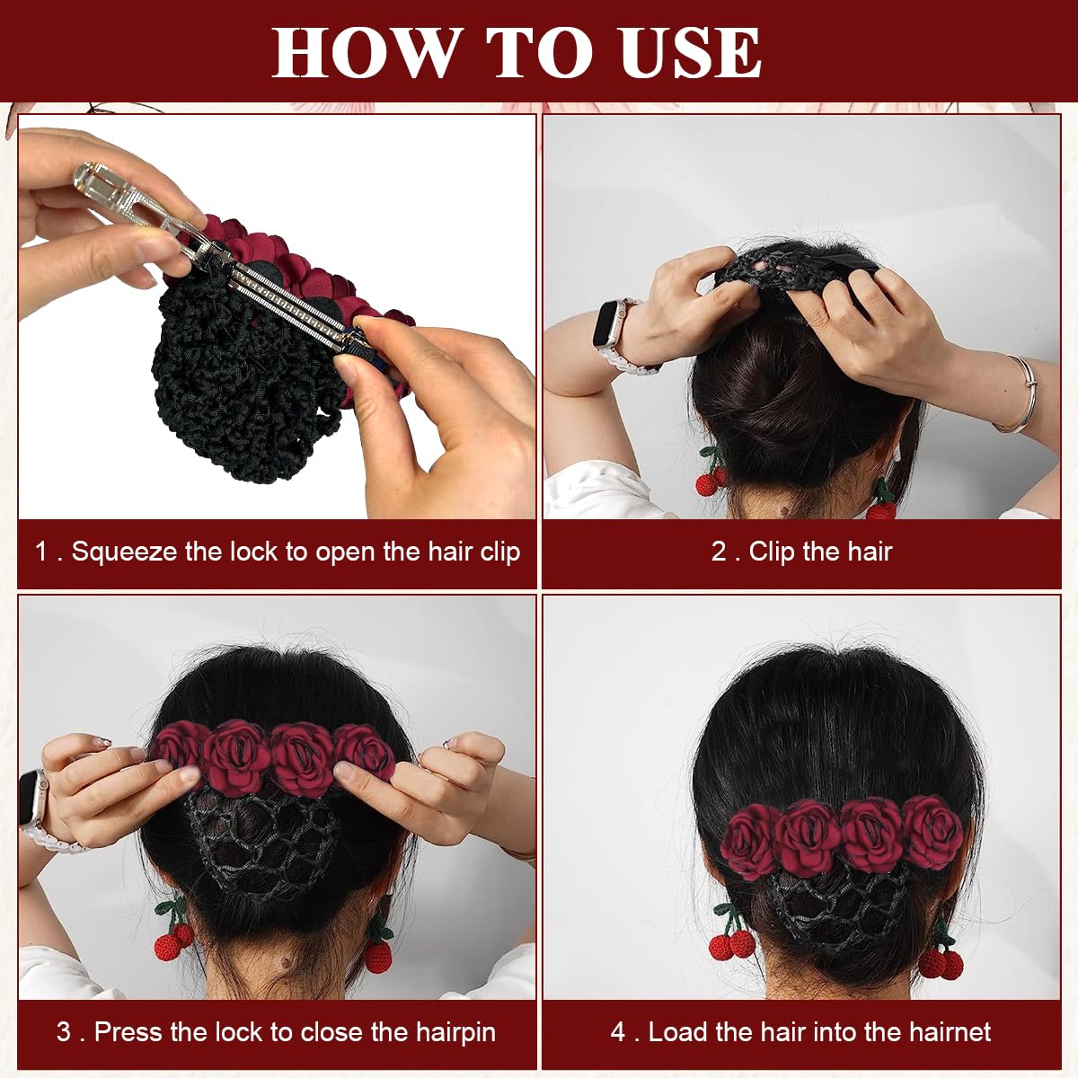 MAYCREATE Women Hair Clip for Work and Daily Use with Rose Flower Bun Net | Red Hair Accessory