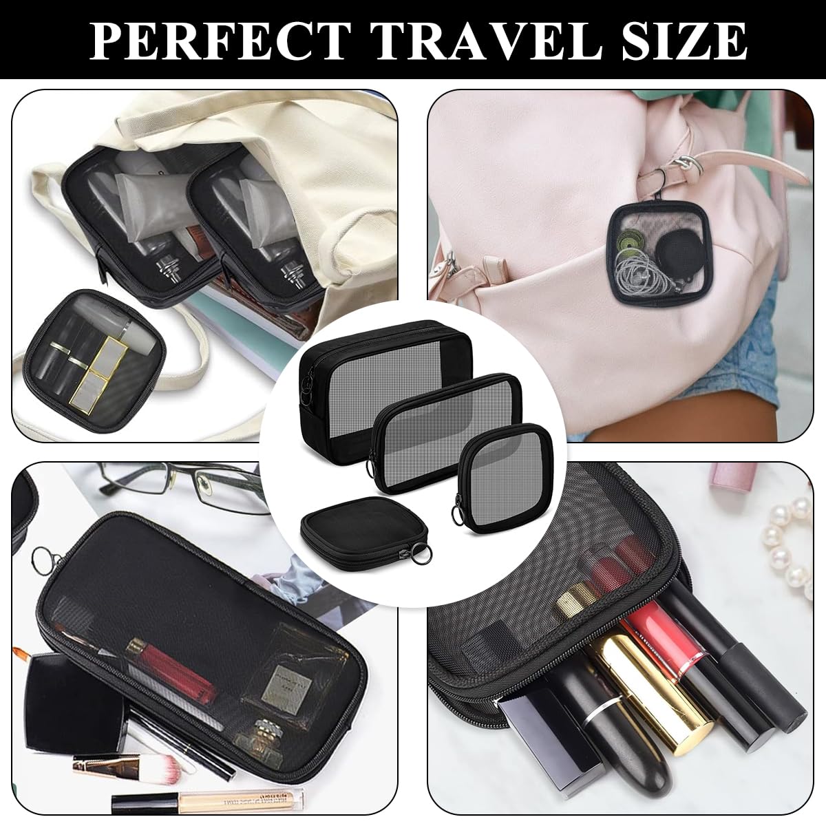MAYCREATE Makeup Organizer Bag Set for Travel and Toiletries with 4 Mesh Zipper Pouches Black