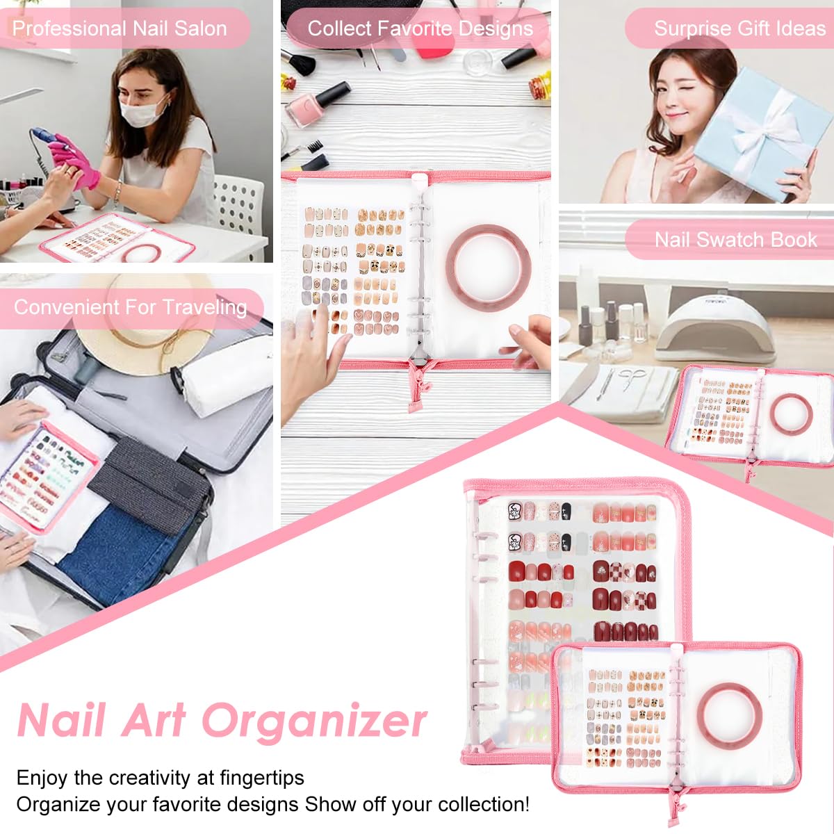 MAYCREATE Press On Nail Organizer with 4 Insert Pages and Acrylic Tape, Pink | Reusable A5 Nail Storage Book
