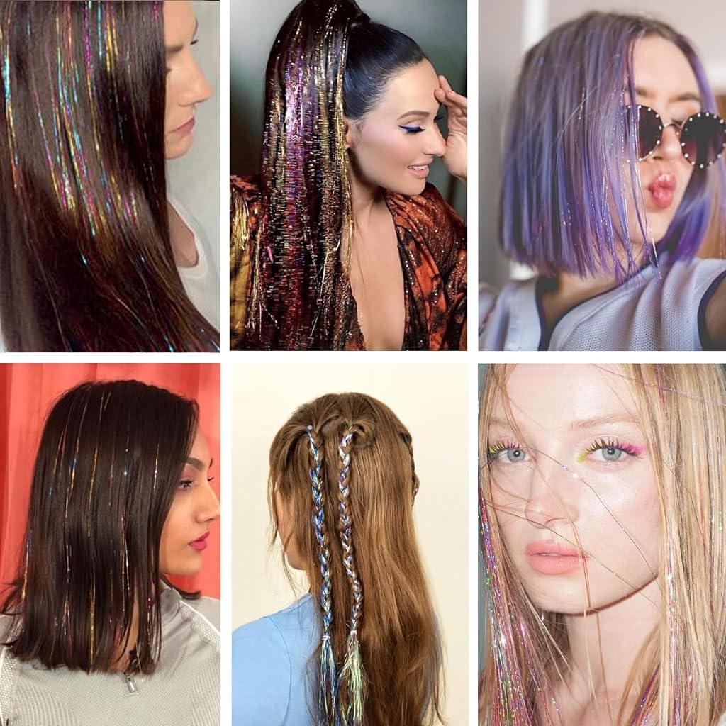 MAYCREATE Hair Tinsel Hair Extensions for Party and Daily Wear featuring Clip-in Design 6pcs 20.5in | Colorful Glitter Strands for Women and Girls