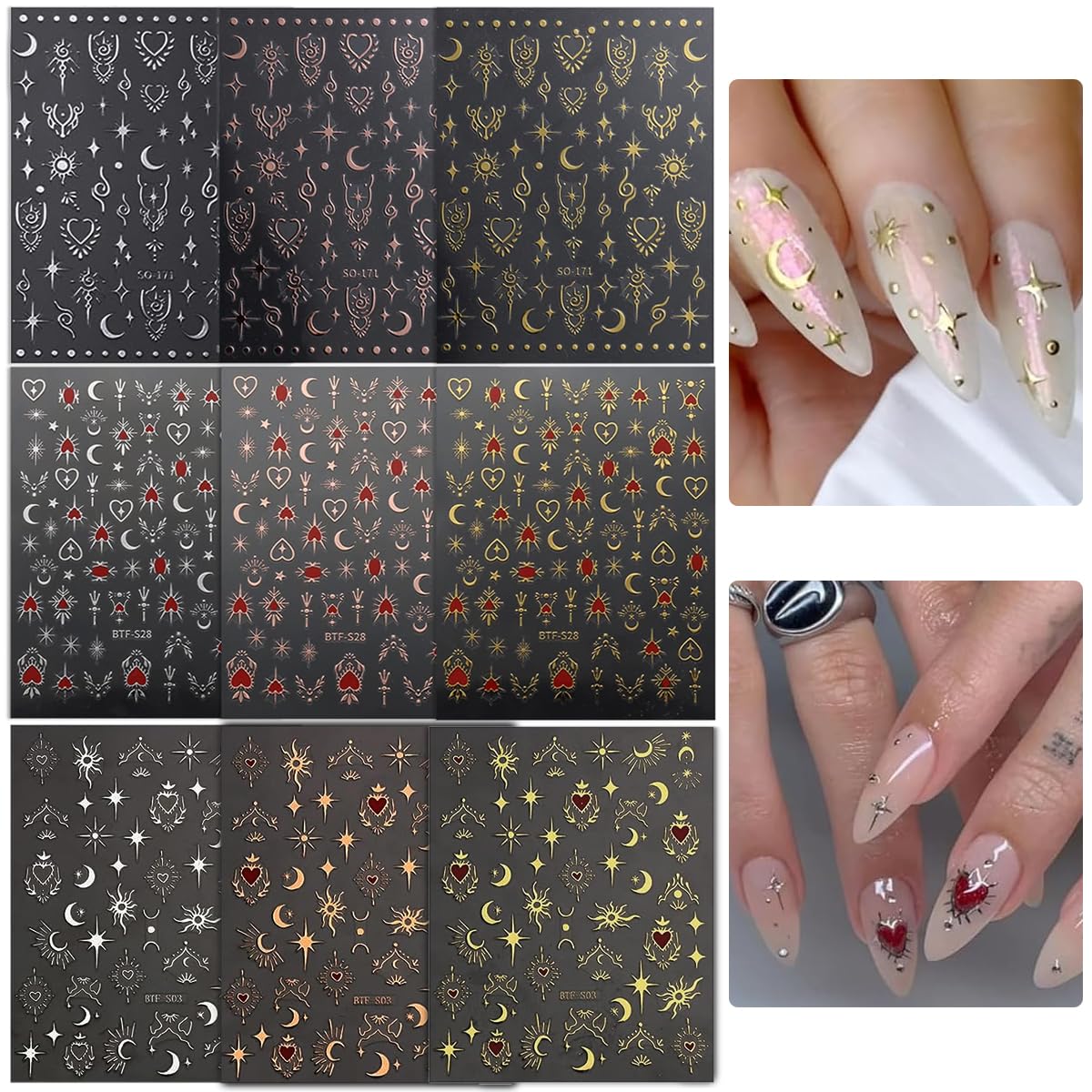 MAYCREATE 9 Sheet 3D Nail Art Decal Charm Stickers Self-Adhesive Embossed Crescent Sun Nail Art Stickers Decals Extension Nail Decal Stickers Nail Art Design Decoration