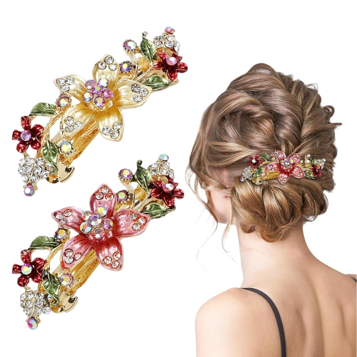 MAYCREATE Floral Hair Clips for Women with Rhinestone Embellishment 5 in Metal Barrettes | Set of 2
