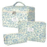 MAYCREATE Makeup Pouch Bag Set for Travel with 3pcs Quilted Cotton Blue Floral Organizer