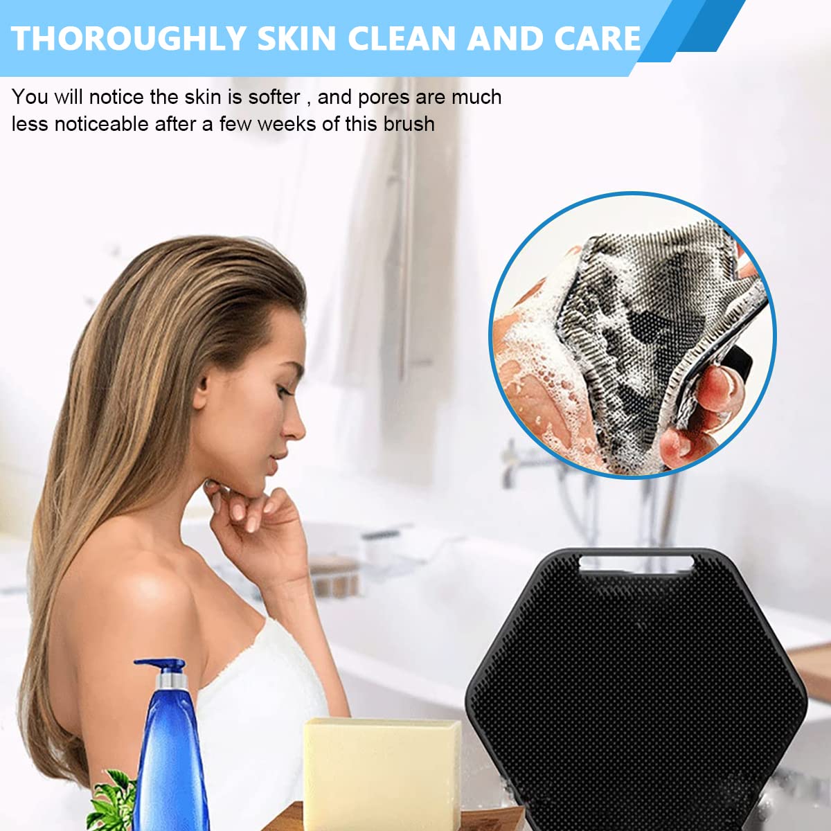 MAYCREATE Silicone Body Scrubber for Shower with Dual Side Exfoliating Pad | Blue Massager