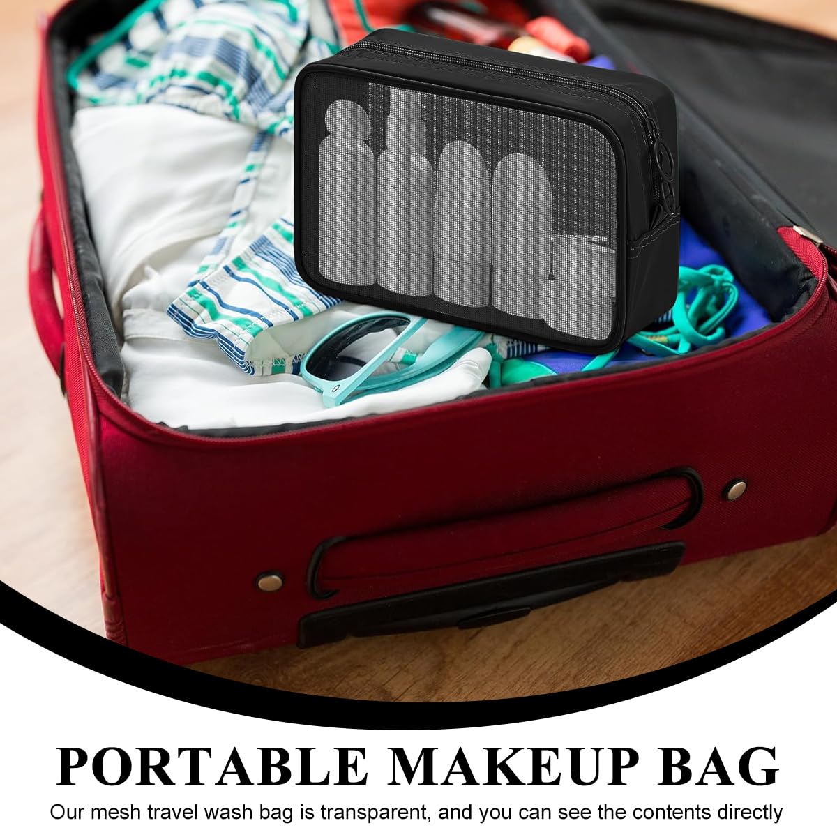MAYCREATE Makeup Organizer Bag Set for Travel and Toiletries with 4 Mesh Zipper Pouches Black