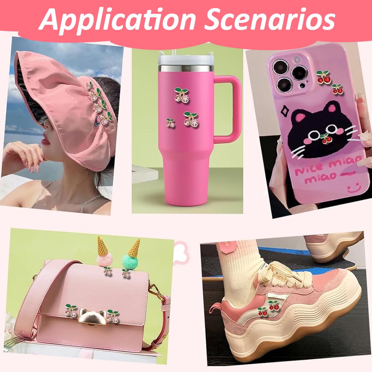 MAYCREATE 3D Cherry Nail Charms for Nail Art with Flat Back Design and 50Pcs Pink Red Gems