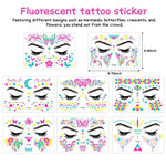 MAYCREATE® 8-Sheet UV Neon Face Tattoo Sticker Temporary Tattoos, Glow in the Dark Face Tattoos, Butterfly Mermaid Fluorescence Fake Tattoo Stickers for Halloween Rave Festival Party Supplies