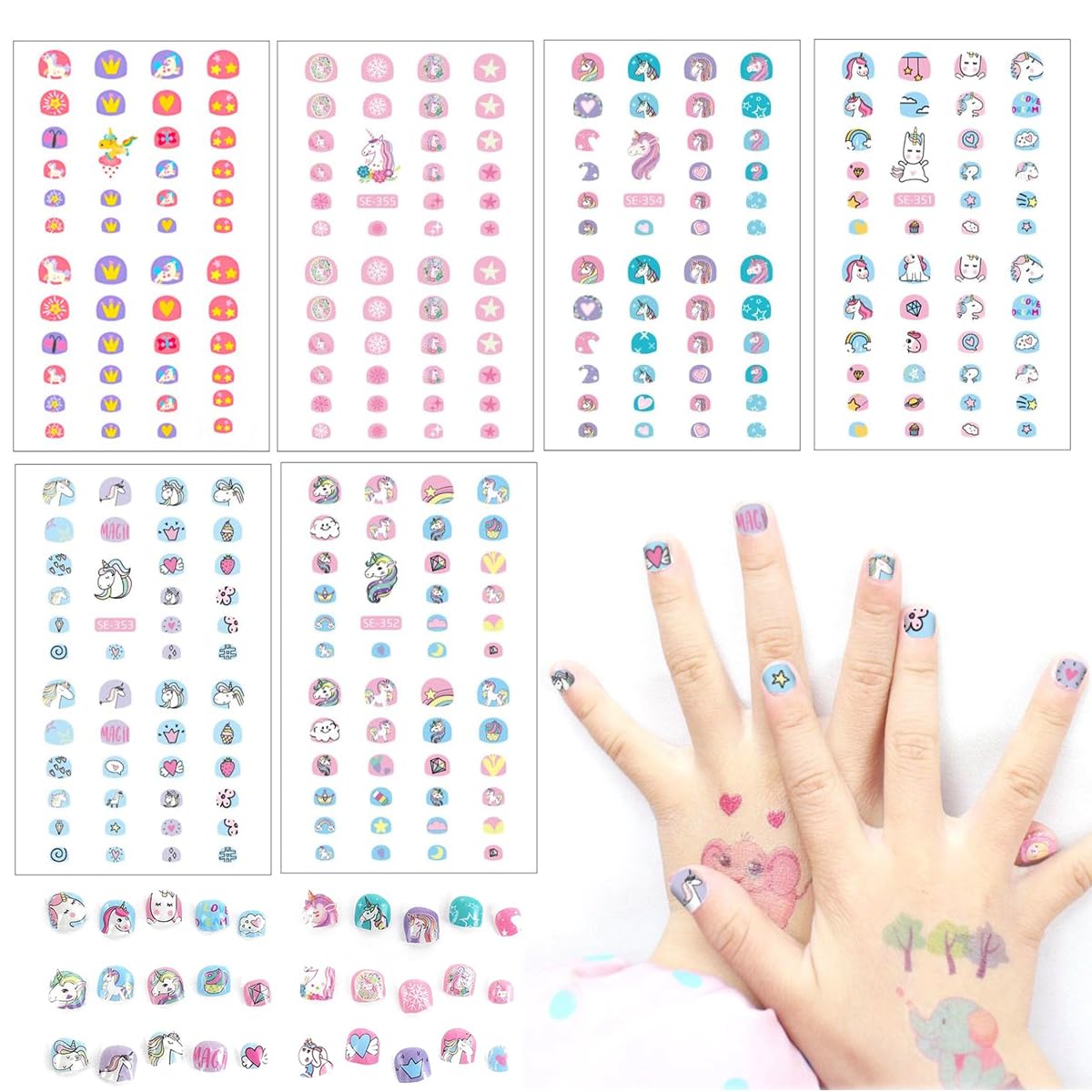 MAYCREATE Nail Stickers for Kids with 6 Sheets Cute Cartoon Unicorn Decals | DIY Party Fun