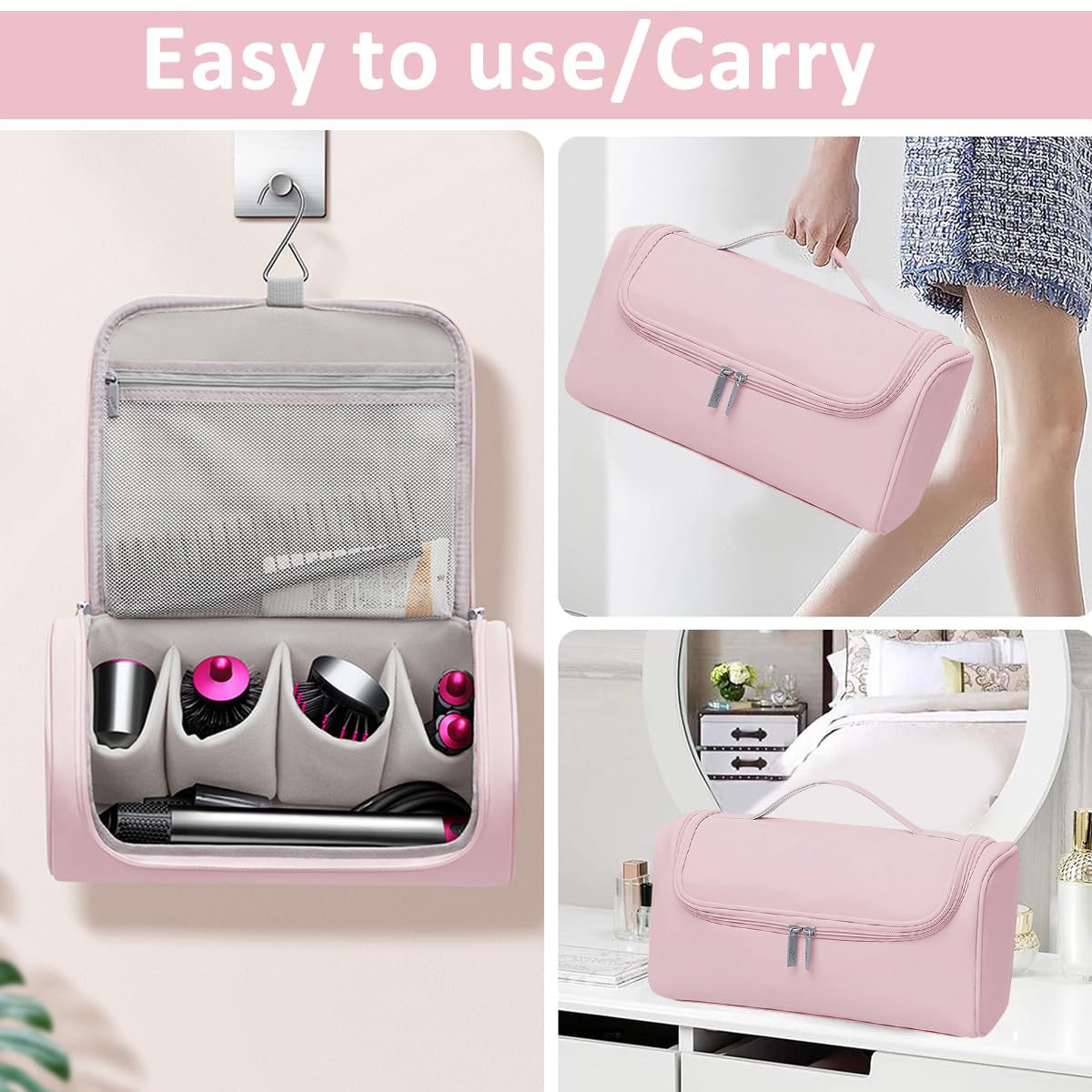 MAYCREATE Travel Storage Bag for Dyson Airwrap with Hanging Hook and 5 Compartments | Pink PU Organizer