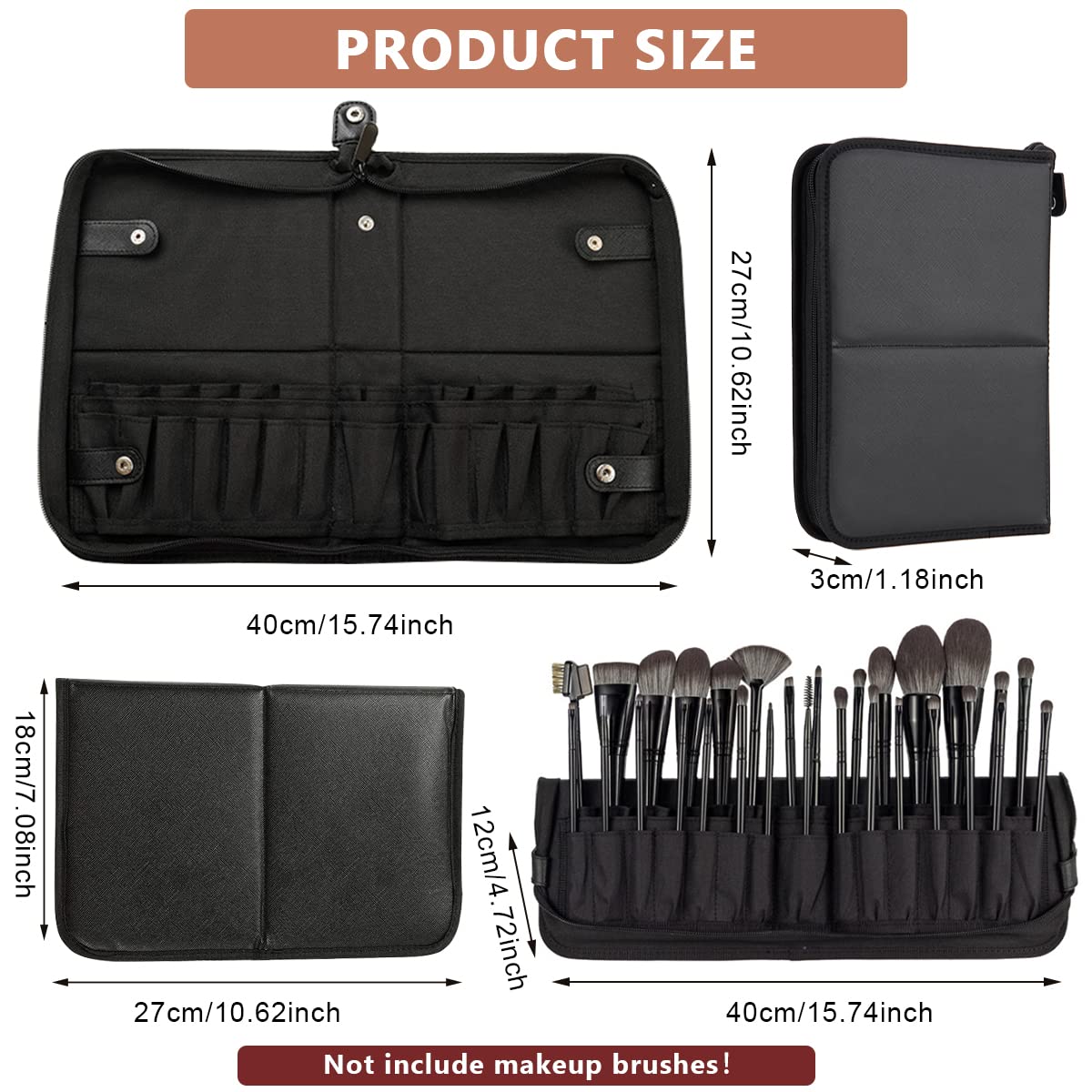 MAYCREATE® Makeup Brush Holder Bag Travel Portable Makeup Brush Organizer Case Foldable Zipper Cosmetic Brush Storage Pouch Stand with 29 Elastic Pockets (Black)