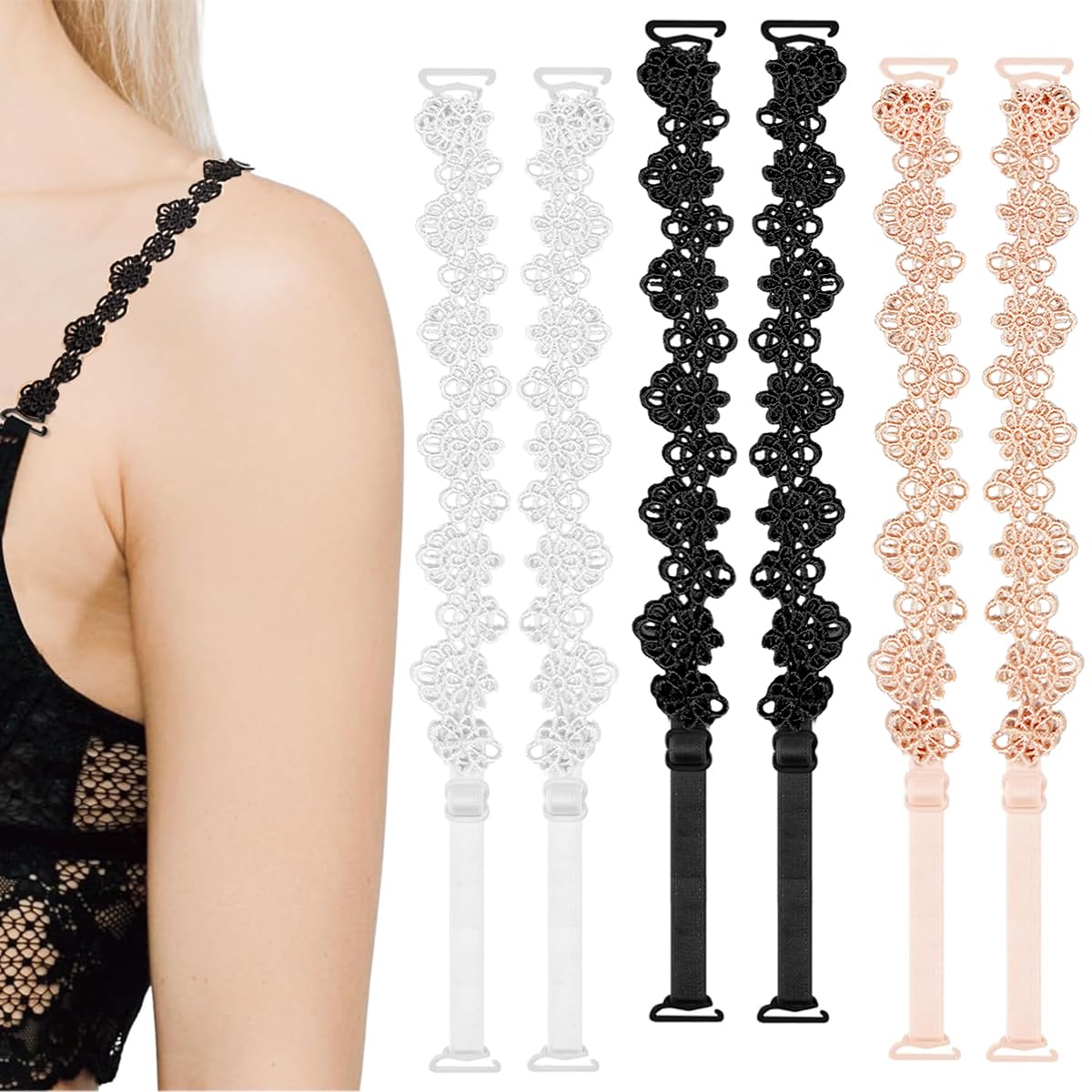 MAYCREATE Bra Straps Replacement for Dresses and Vests featuring Adjustable Lace Flower Design | 3 Pairs in White Beige and Black